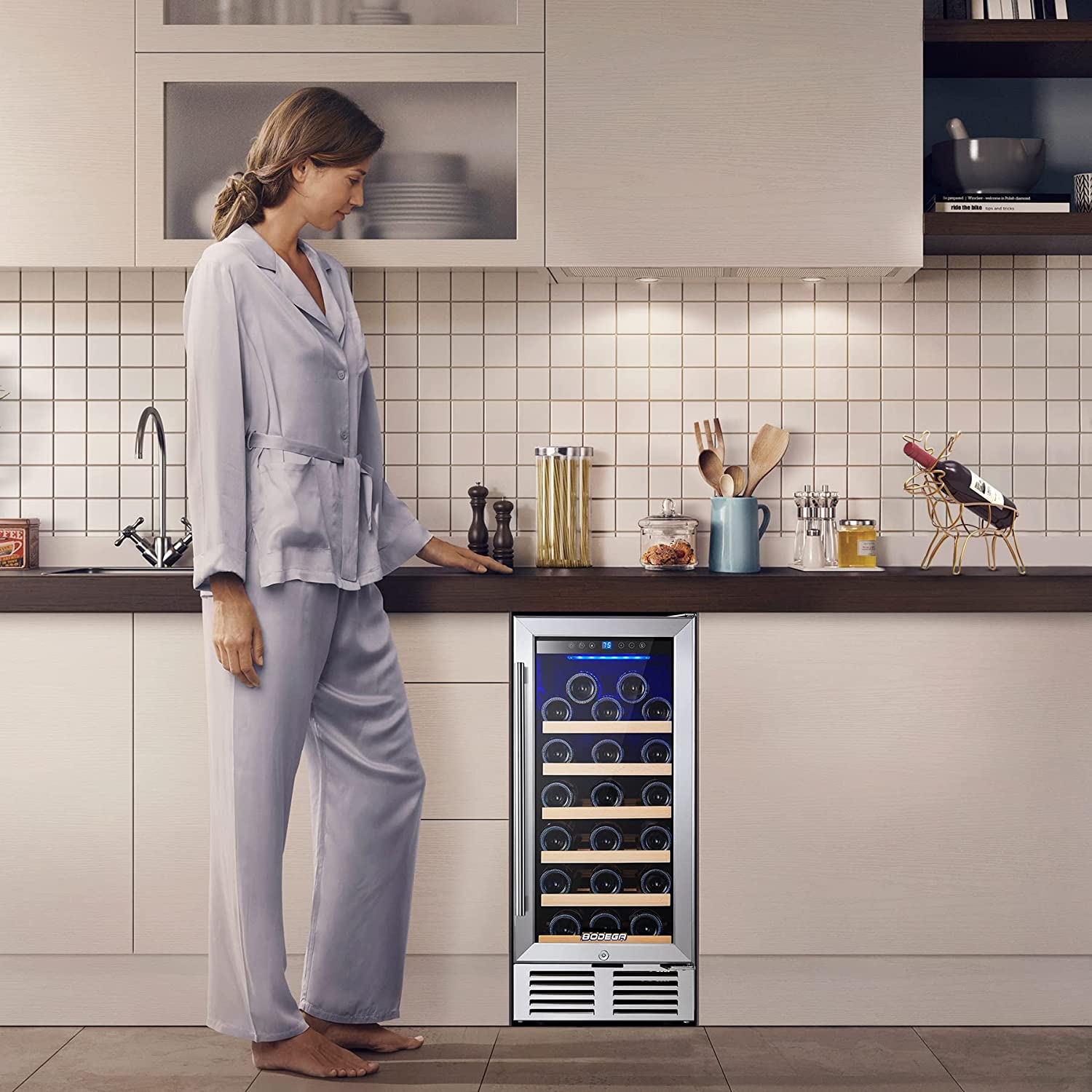 A wine fridge with a compressor cooling system and a digital temperature display
