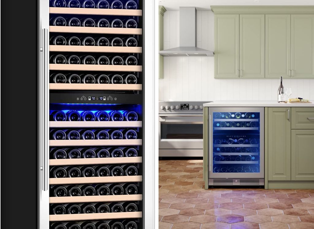 A wine cooler with a glass door and a temperature range display