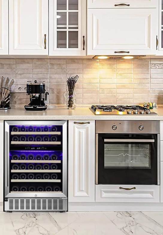 A wine cooler with a glass door and shelves for storing bottles