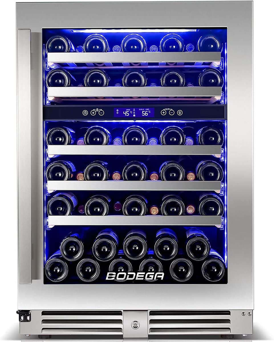 A wine fridge with bottles of wine stored at the ideal temperature