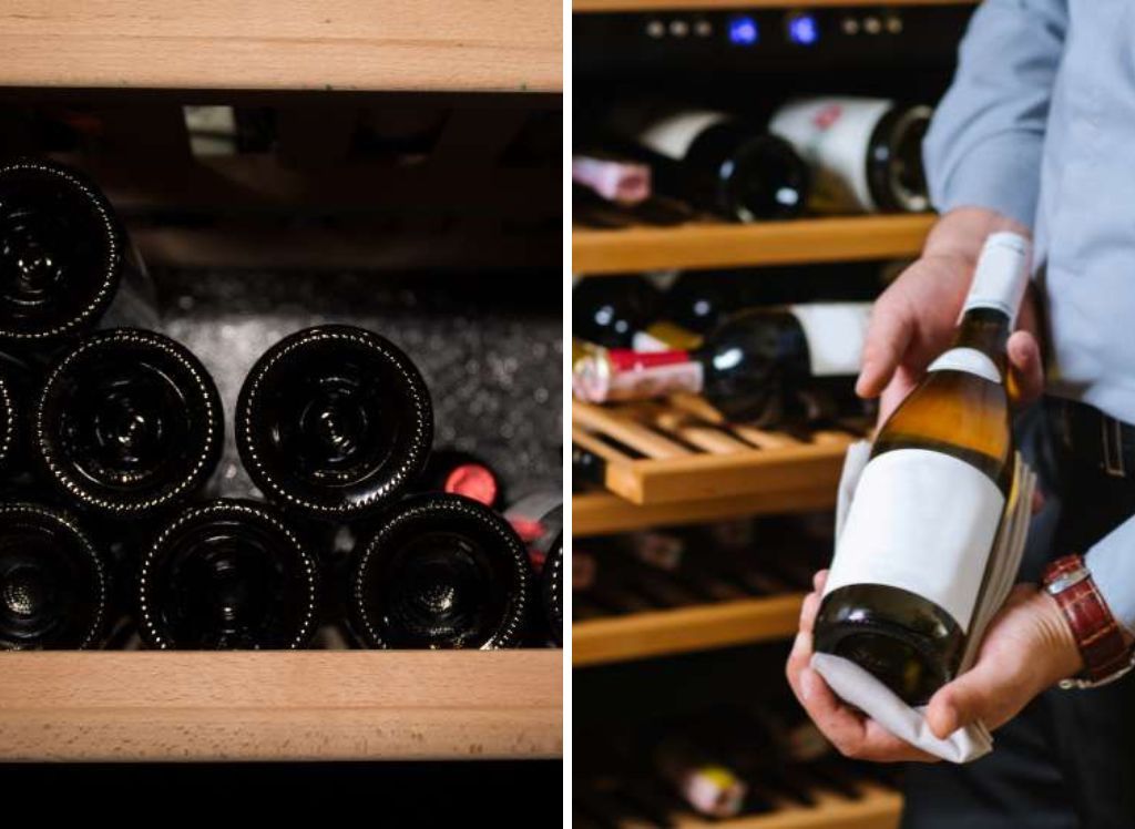 A wine cooler with shelves and bottles inside