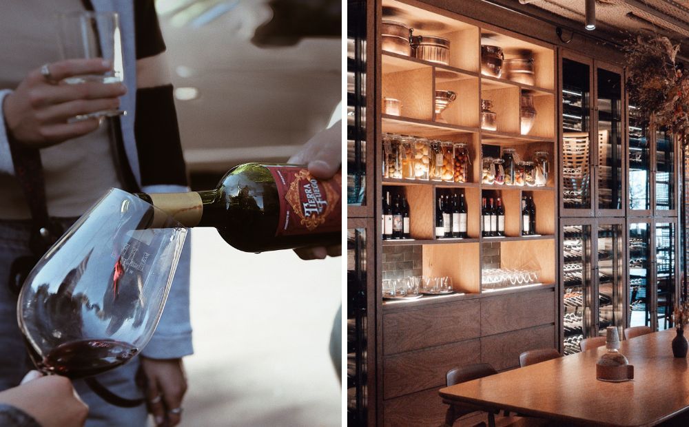 A wine fridge with bottles of different wines stored at the proper temperature