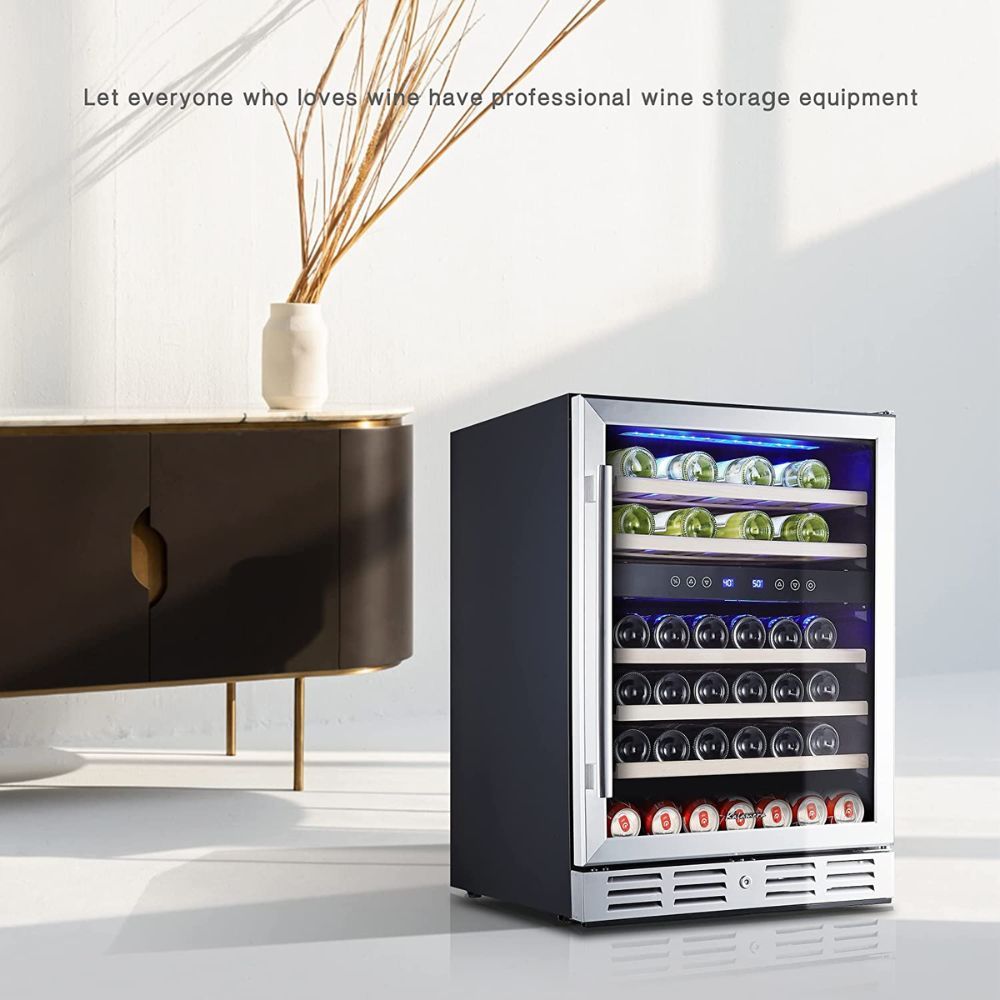 A freestanding wine cooler with a glass door