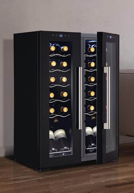 A freestanding wine cooler with two separate zones for different temperatures